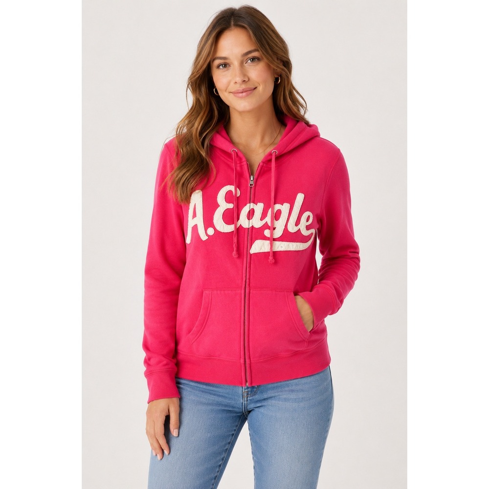 American Eagle Pink Zip Up Hoodie Graphic Logo Fleece Lined Size Large Y2K